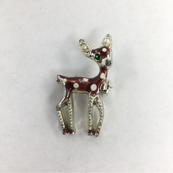 Vintage Reindeer Pin Tiny Christmas Bambi Rudolph The Red Nose Reindeer Brooch - Picture 2 of 11
